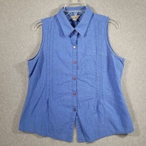 Jane Ashley Blouse XL Blue Linen Blend Sleeveless Button Front Collar Womens